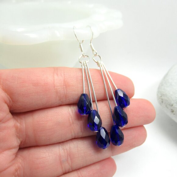 Colbalt blue triple dangle Czech bead earrings - Picture 3 of 9